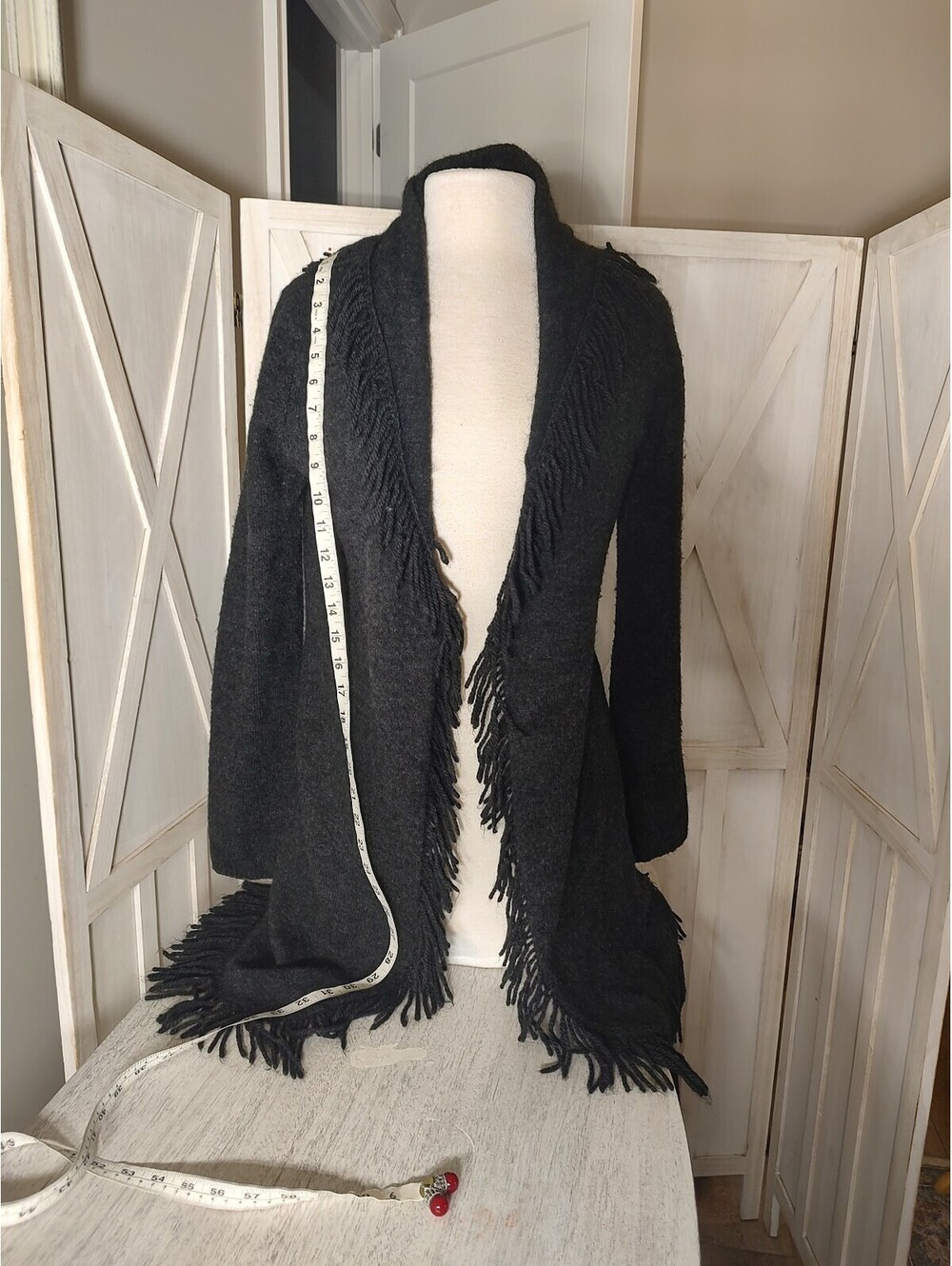 Susan Bristol Large Black Fringe Open Front Cardigan Sweater